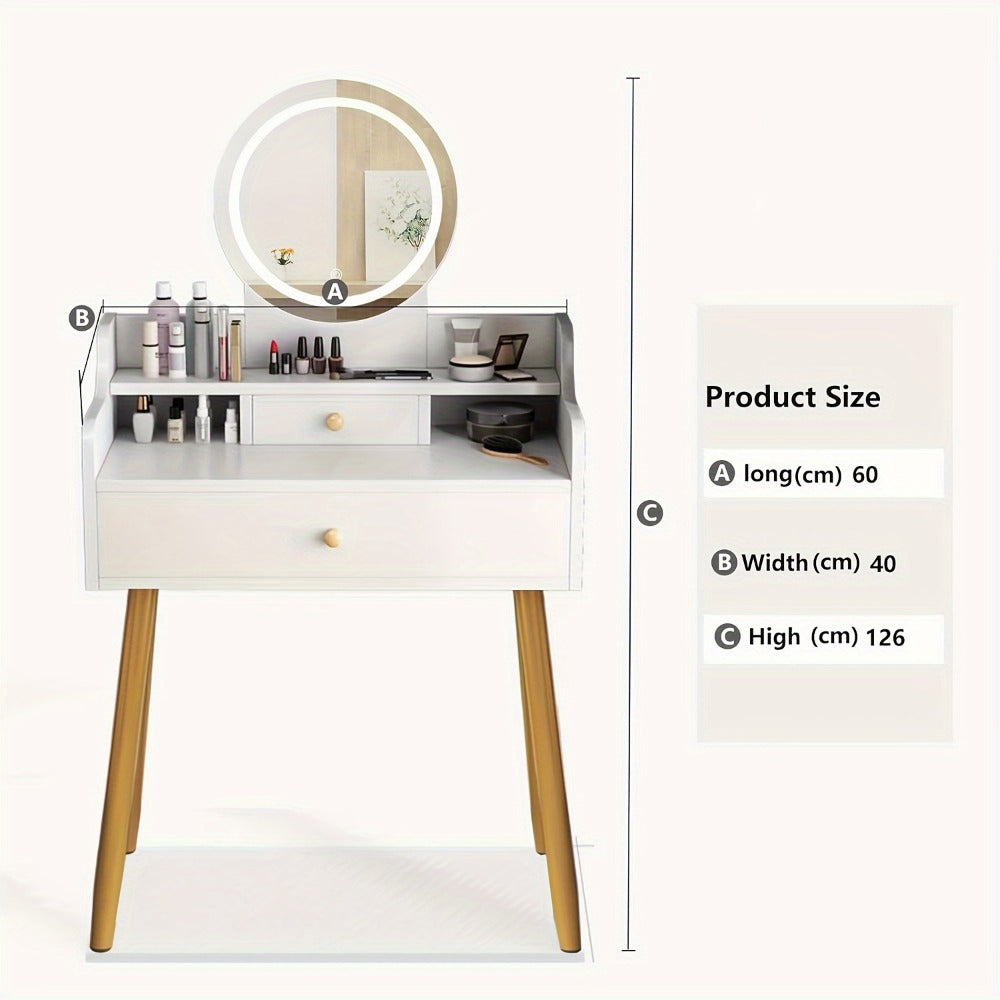 Vanity Desk in a Compact Design with a Round Three-Level Lighted Mirror and the Tapered Legs