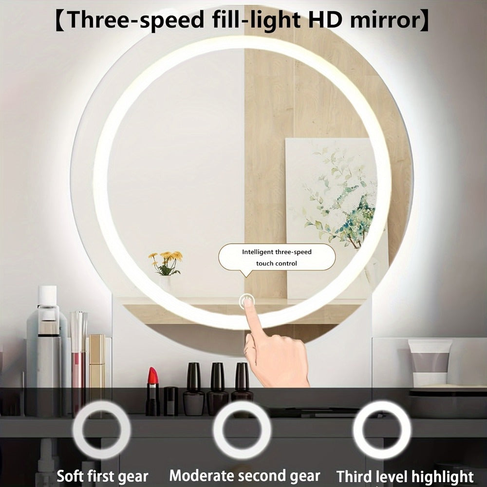 Vanity Desk in a Compact Design with a Round Three-Level Lighted Mirror and the Tapered Legs