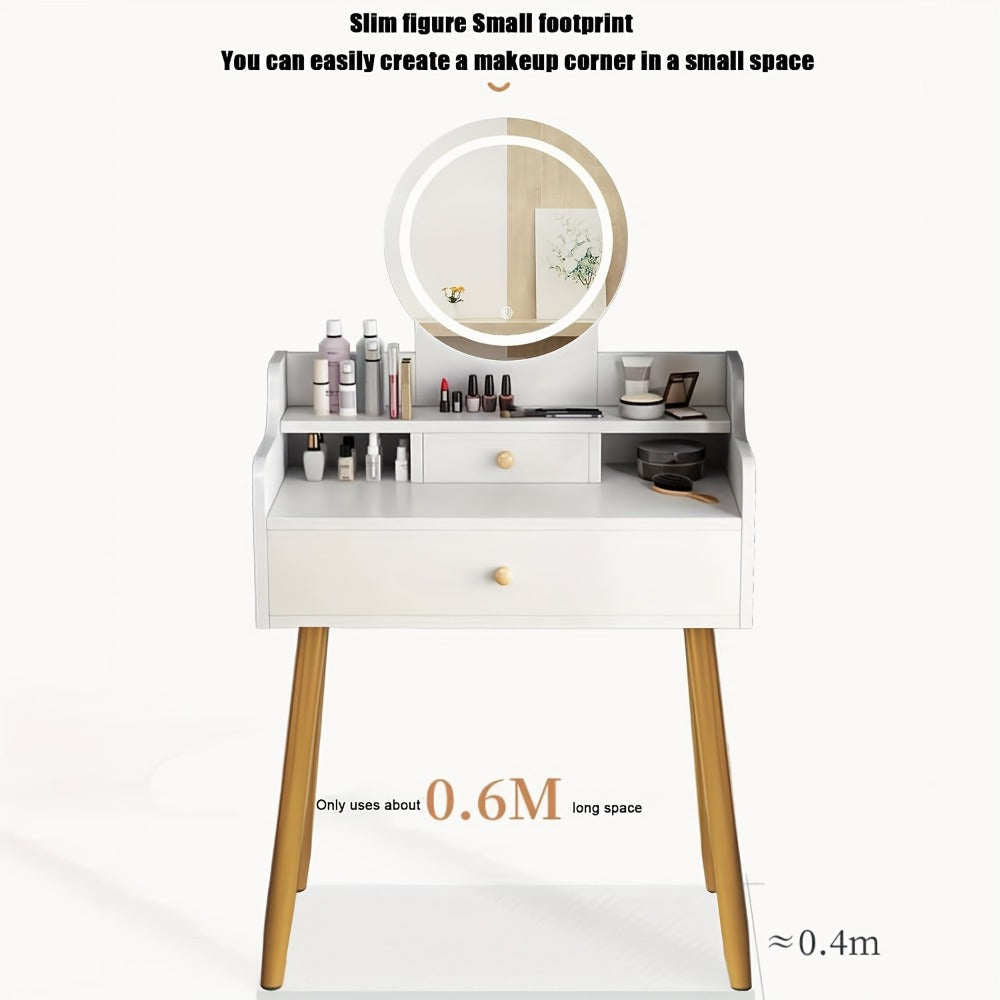 Vanity Desk in a Compact Design with a Round Three-Level Lighted Mirror and the Tapered Legs