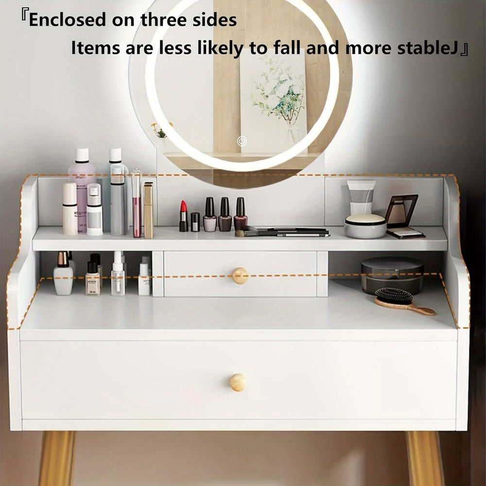 Vanity Desk in a Compact Design with a Round Three-Level Lighted Mirror and the Tapered Legs