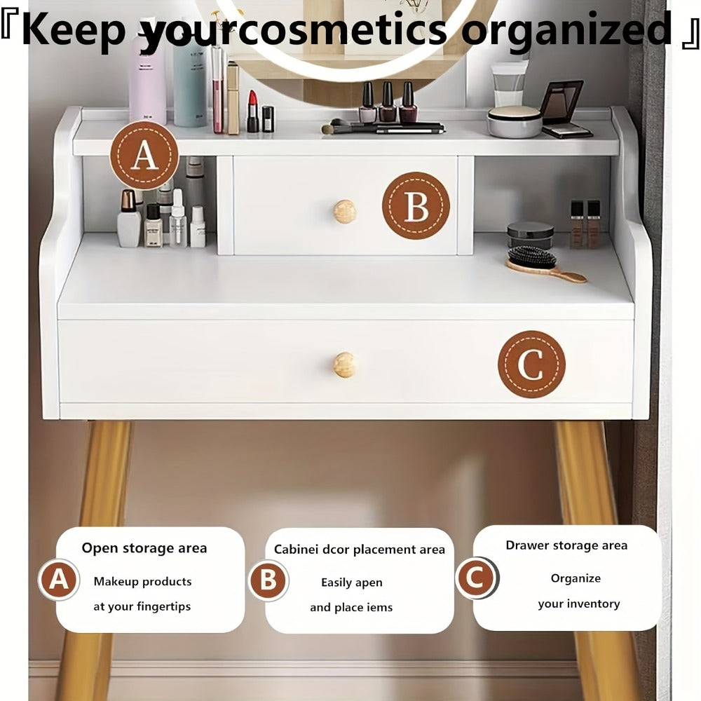 Vanity Desk in a Compact Design with a Round Three-Level Lighted Mirror and the Tapered Legs