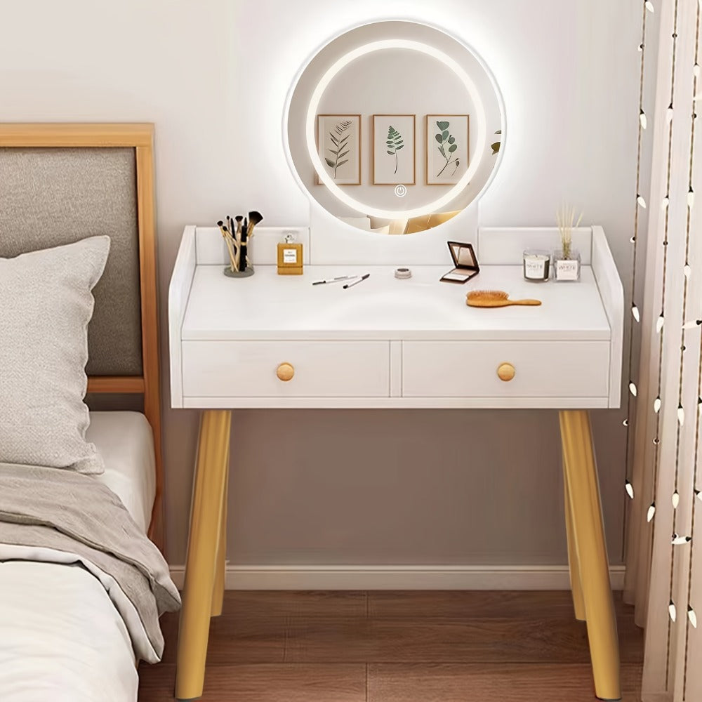 Vanity Desk in a Compact Design with a Round Three-Level Lighted Mirror and the Tapered Legs