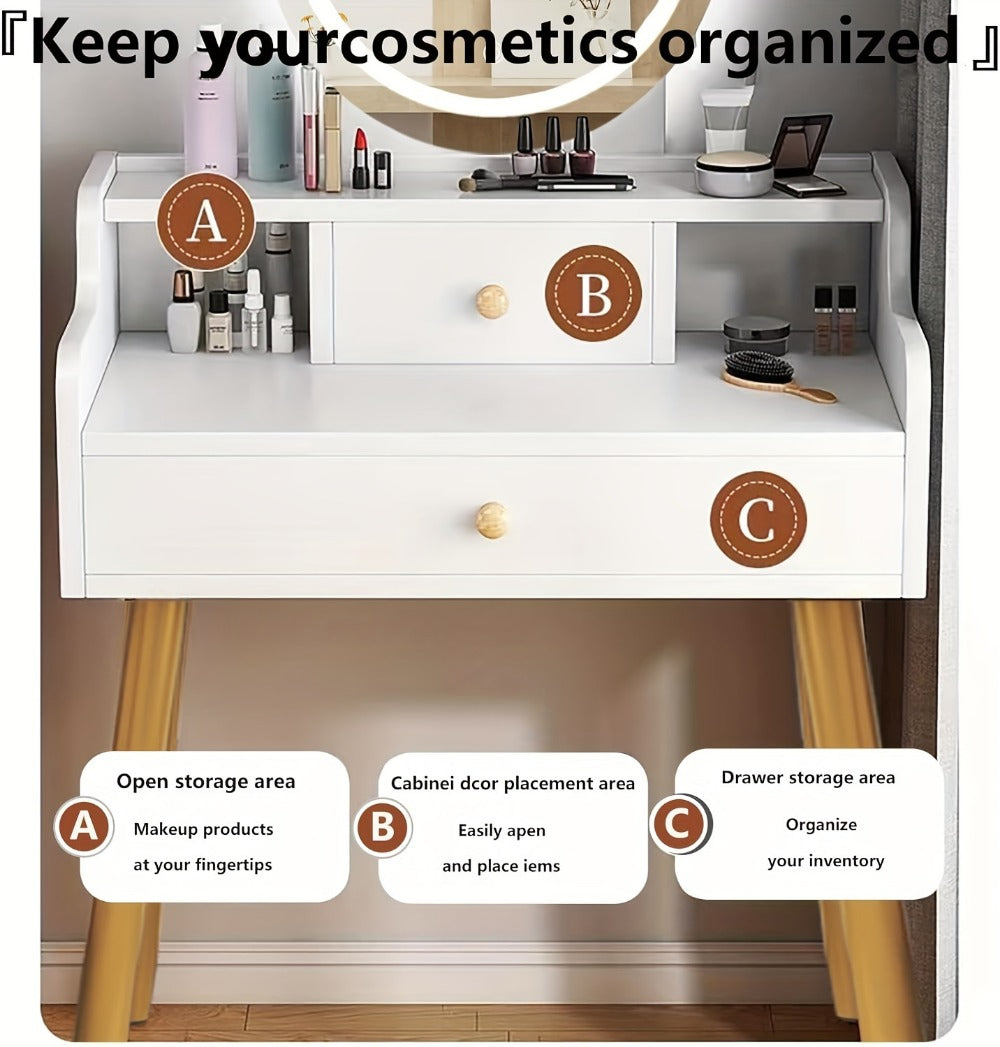 Vanity Desk in a Compact Design with a Round Three-Level Lighted Mirror and the Tapered Legs