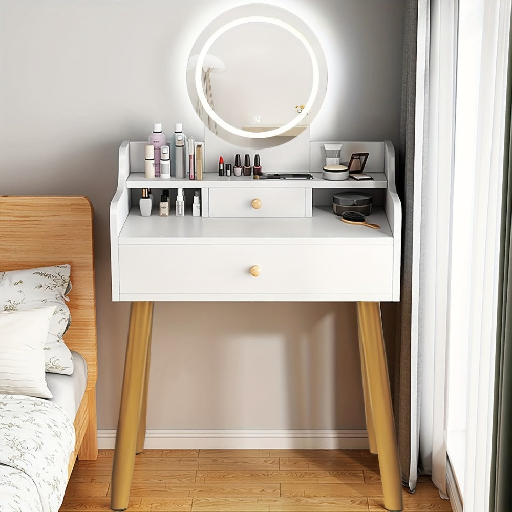 Vanity Desk in a Compact Design with a Round Three-Level Lighted Mirror and the Tapered Legs