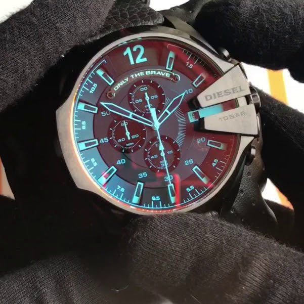 Diesel DZ4323 Mega Chief Chronograph Herrenuhr – Schwarzes Zifferblatt & schwarzes Lederarmband
