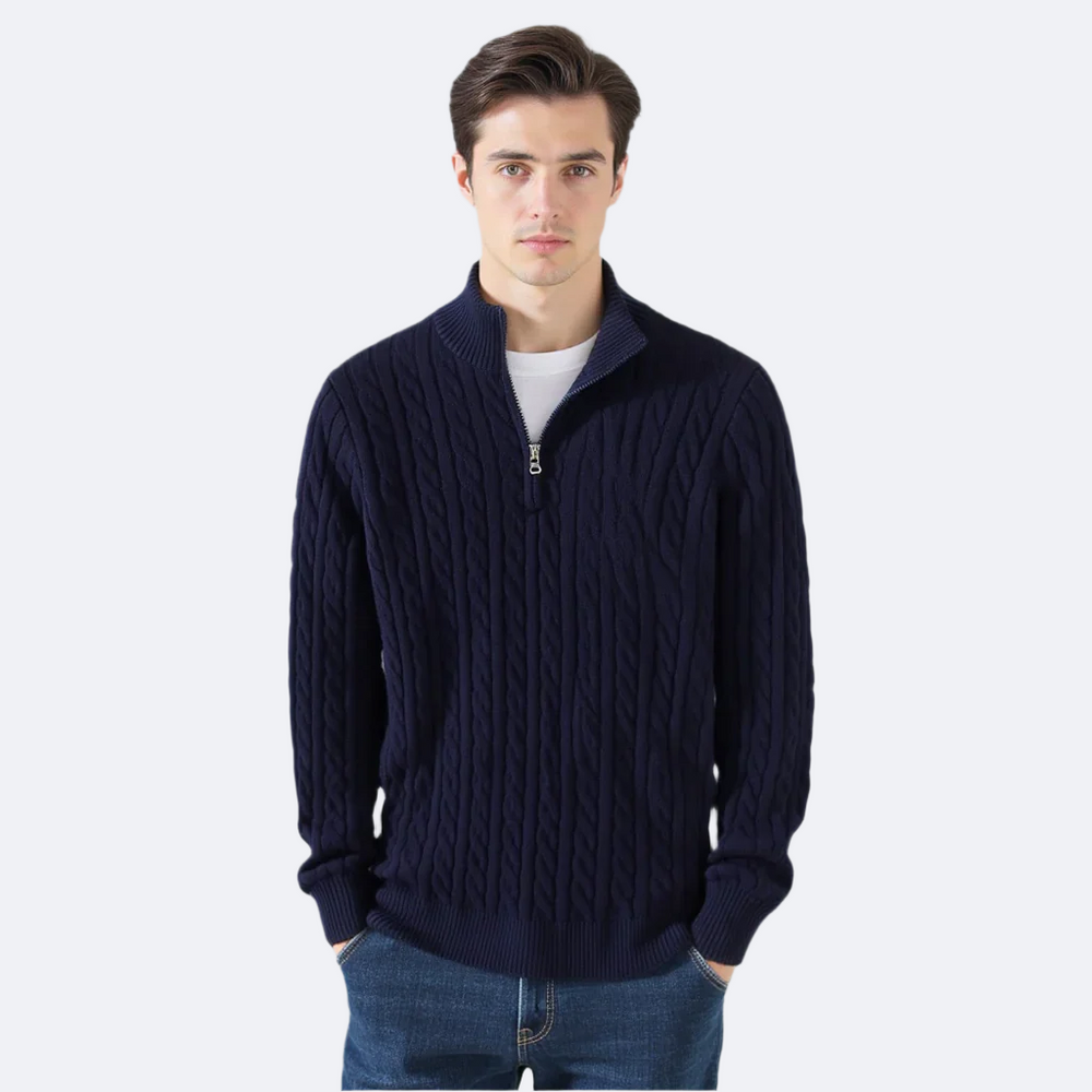 Men’s Cable Knit Quarter Zip Stand Collar Long Sleeve Sweater