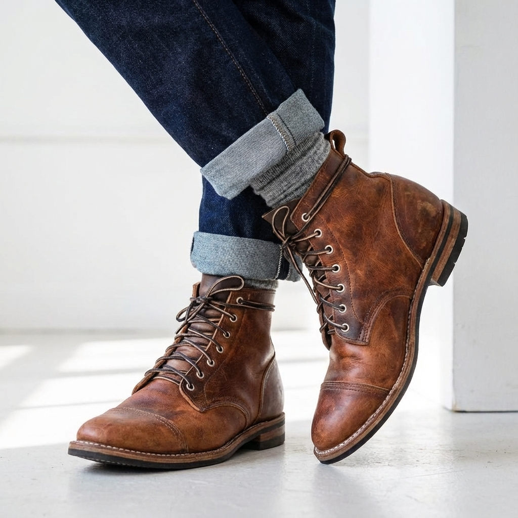 Men’s Lace-Up Distressed Finish Cap Toe Ankle Boots