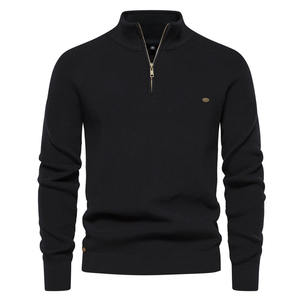 Herren-Strickpullover mit Rippstruktur, Stehkragen und kurzem Reißverschluss