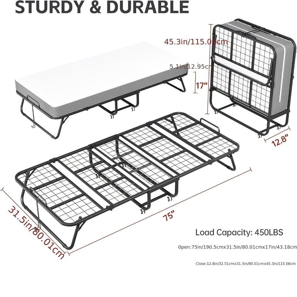 Guest Bed in a Metal Folding Design with 75 x 31-Inch Sleeping Surface and Four-Section Frame