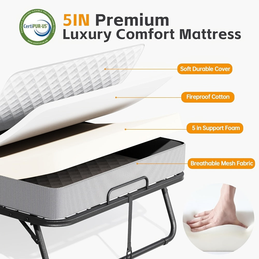 Guest Bed in a Metal Folding Design with 75 x 31-Inch Sleeping Surface and Four-Section Frame