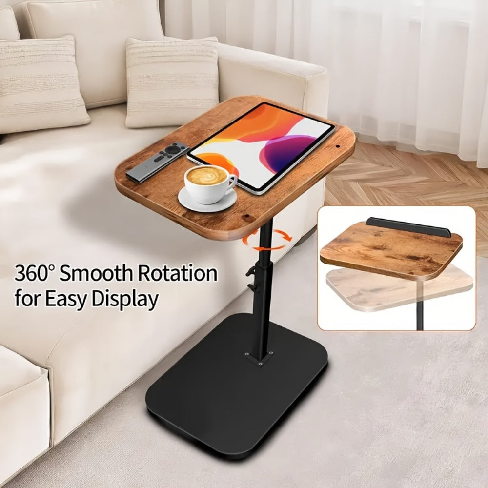 Side Table C-Shaped Metal Frame with Wood-Look Top, 360-Degree Rotation and Adjustable Height