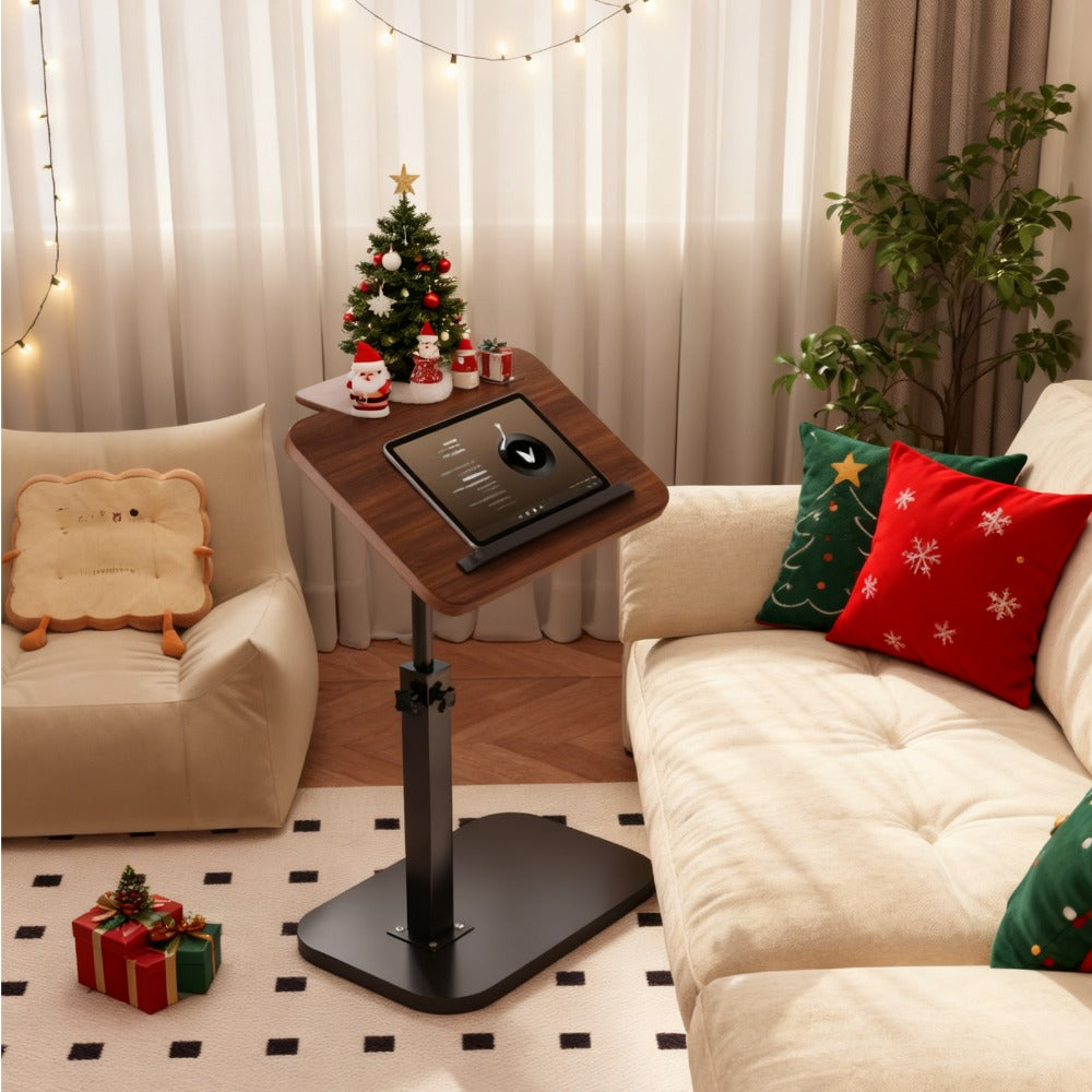 Side Table C-Shaped Metal Frame with Wood-Look Top, 360-Degree Rotation and Adjustable Height