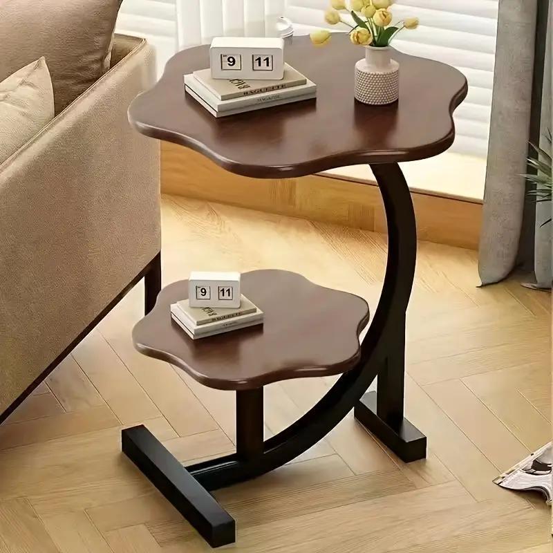 Side Table Petal-Shaped Two-Tier Design with Metal Frame and Fiberboard Surfaces in Three Finishes
