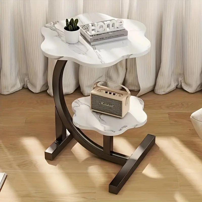 Side Table Petal-Shaped Two-Tier Design with Metal Frame and Fiberboard Surfaces in Three Finishes