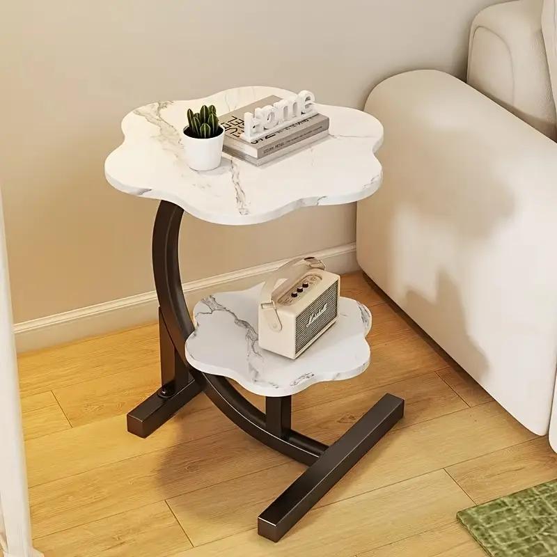 Side Table Petal-Shaped Two-Tier Design with Metal Frame and Fiberboard Surfaces in Three Finishes