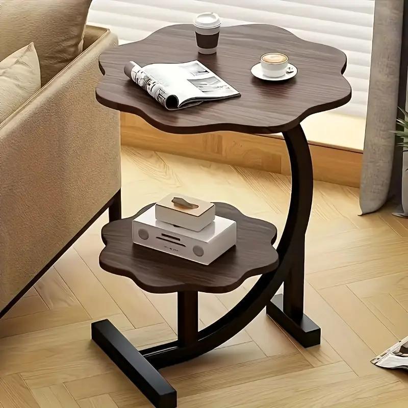 Side Table Petal-Shaped Two-Tier Design with Metal Frame and Fiberboard Surfaces in Three Finishes