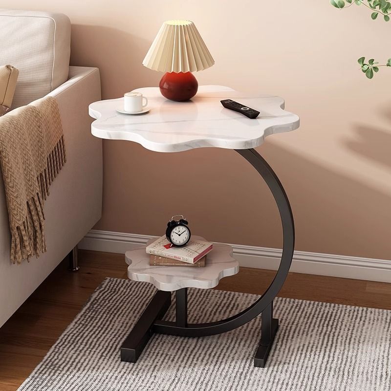 Side Table Petal-Shaped Two-Tier Design with Metal Frame and Fiberboard Surfaces in Three Finishes