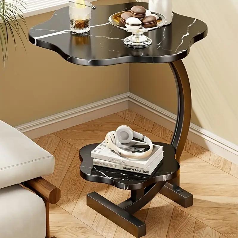 Side Table Petal-Shaped Two-Tier Design with Metal Frame and Fiberboard Surfaces in Three Finishes