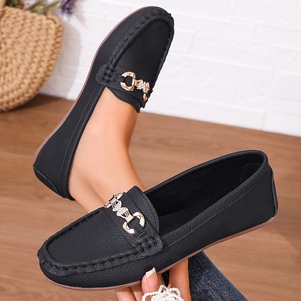 Women’s Mocassin Shoes with Metal Chain Detail and Moc Toe Stitching