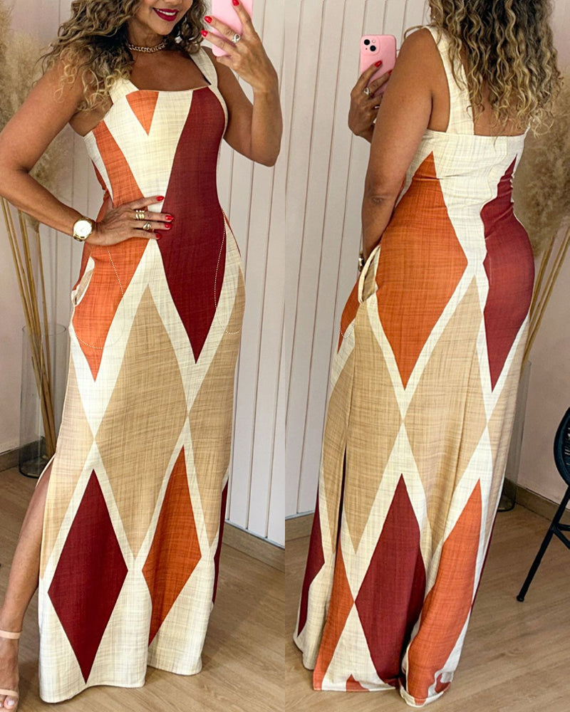 Geometric Print Square Neck Thick Strap Vacation Dress Casual Slim Fit Slit Maxi Dress