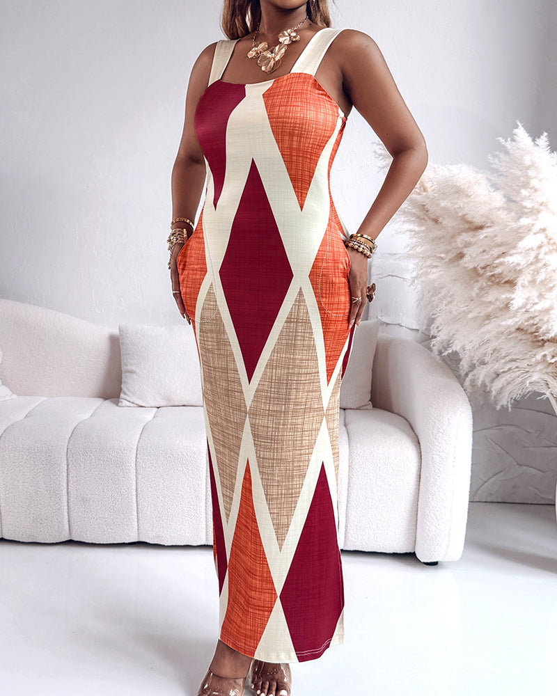 Geometric Print Square Neck Thick Strap Vacation Dress Casual Slim Fit Slit Maxi Dress