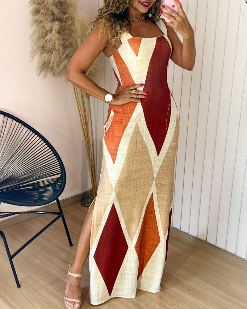 Geometric Print Square Neck Thick Strap Vacation Dress Casual Slim Fit Slit Maxi Dress