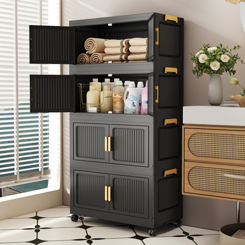 Storage Cabinet Foldable Modular Tower with Magnetic Doors, Casters and Three, Four or Five Tiers