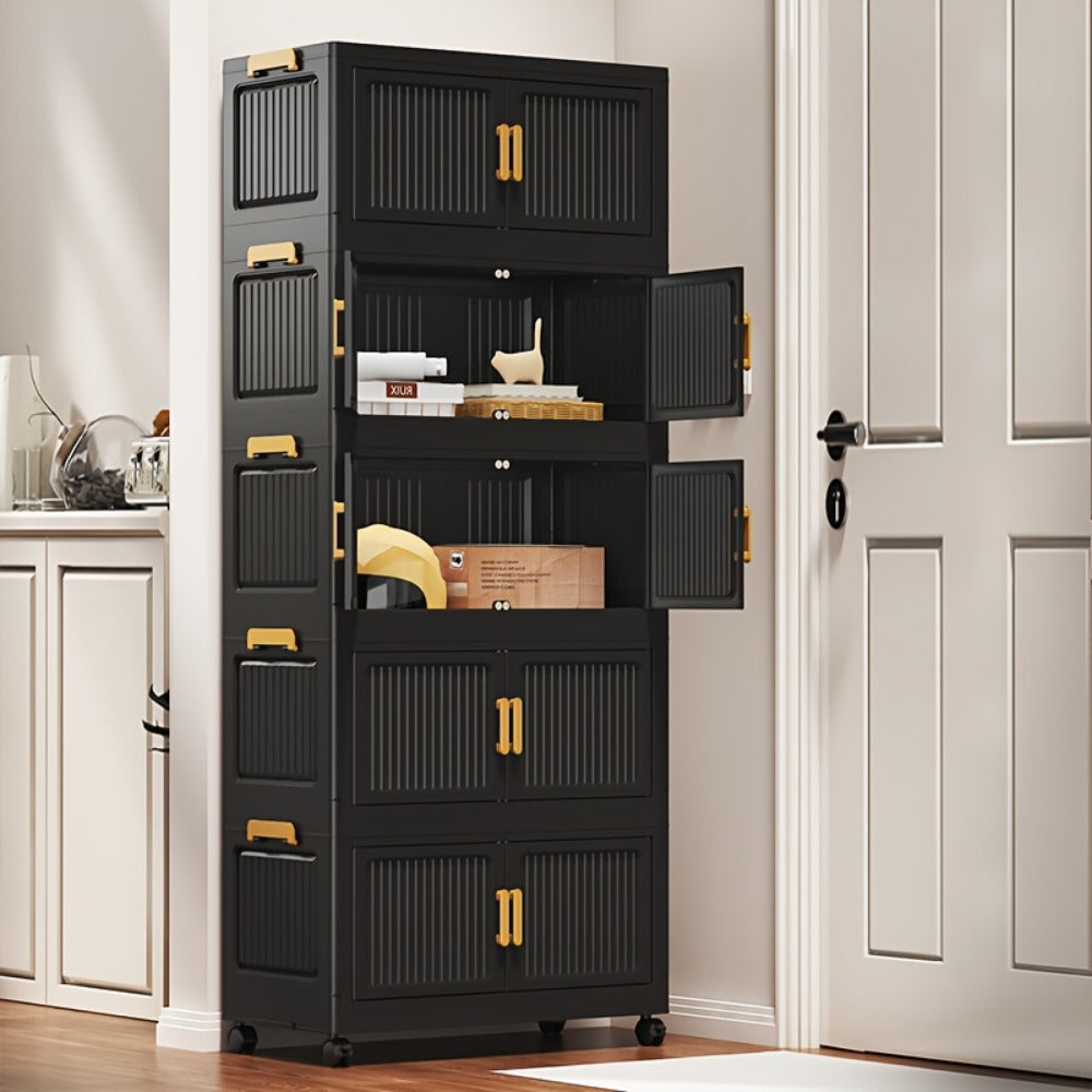 Storage Cabinet Foldable Modular Tower with Magnetic Doors, Casters and Three, Four or Five Tiers