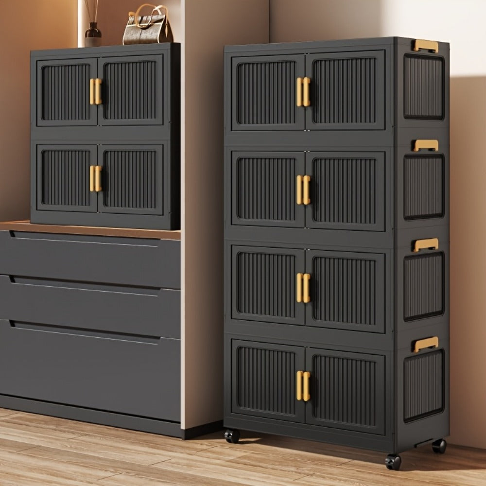 Storage Cabinet Foldable Modular Tower with Magnetic Doors, Casters and Three, Four or Five Tiers