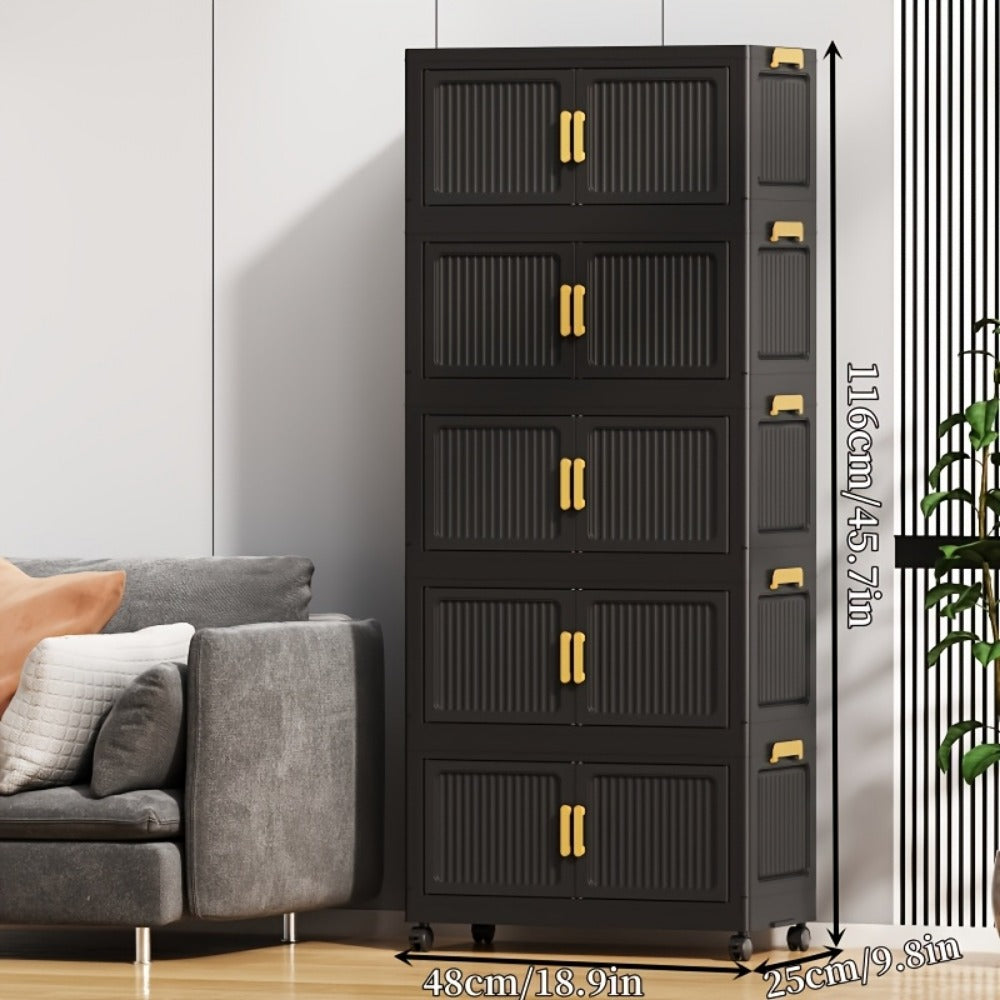 Storage Cabinet Foldable Modular Tower with Magnetic Doors, Casters and Three, Four or Five Tiers