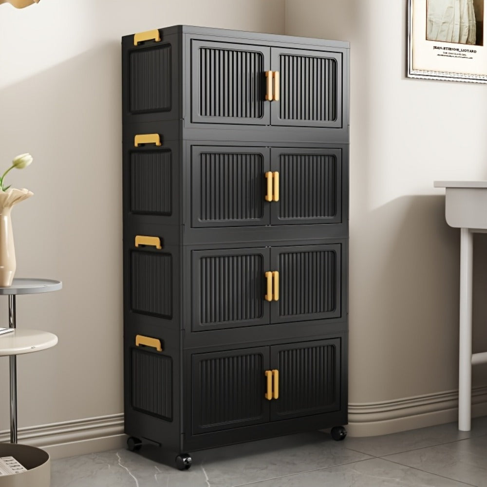 Storage Cabinet Foldable Modular Tower with Magnetic Doors, Casters and Three, Four or Five Tiers