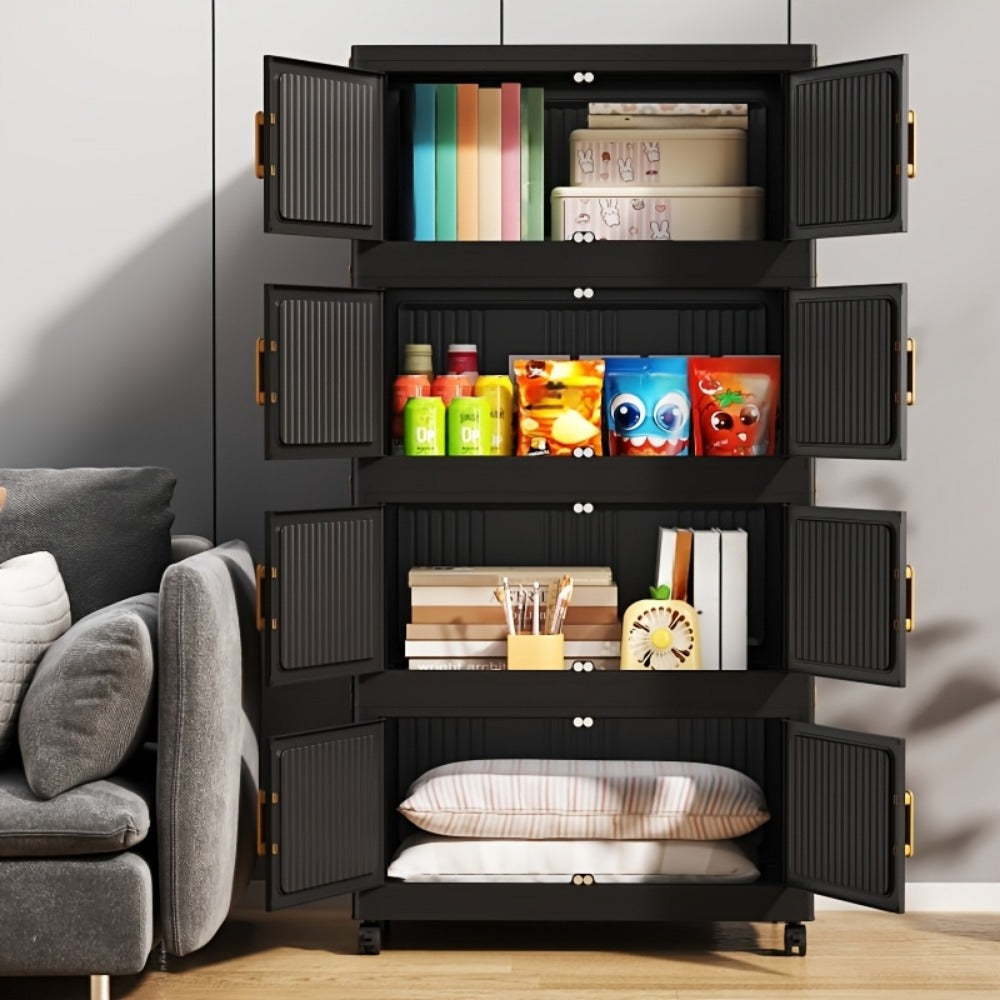 Storage Cabinet Foldable Modular Tower with Magnetic Doors, Casters and Three, Four or Five Tiers