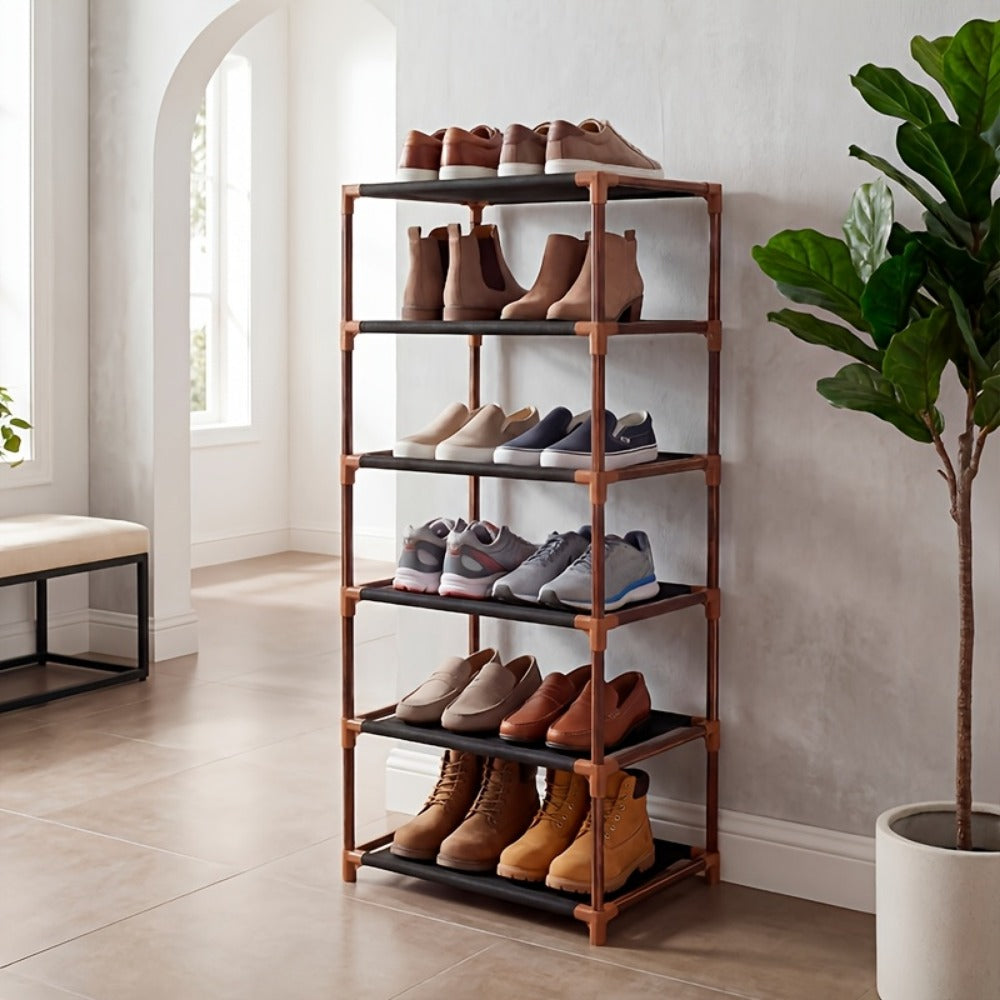 Shoe Rack Foldable Bamboo Organizer with 2, 6 or 7 Tier Options and No-Assembly Setup for Small Spaces