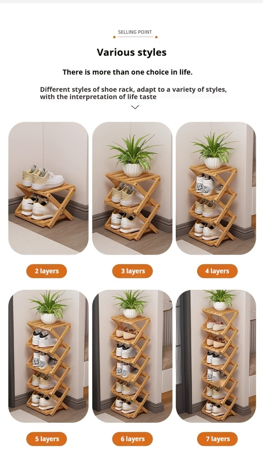 Shoe Rack Foldable Bamboo Organizer with 2, 6 or 7 Tier Options and No-Assembly Setup for Small Spaces
