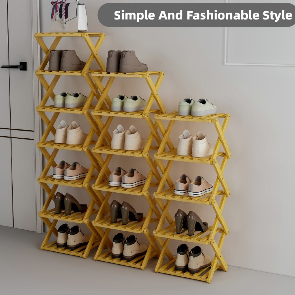 Shoe Rack Foldable Bamboo Organizer with 2, 6 or 7 Tier Options and No-Assembly Setup for Small Spaces