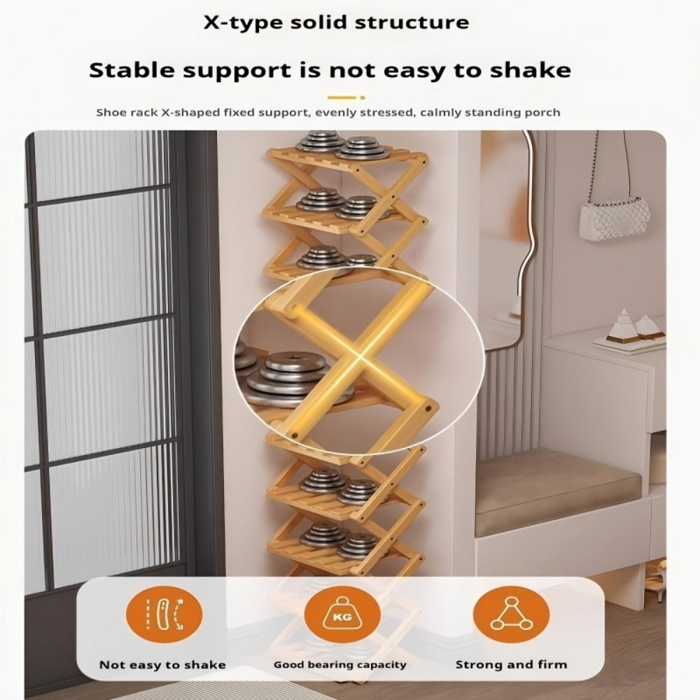 Shoe Rack Foldable Bamboo Organizer with 2, 6 or 7 Tier Options and No-Assembly Setup for Small Spaces