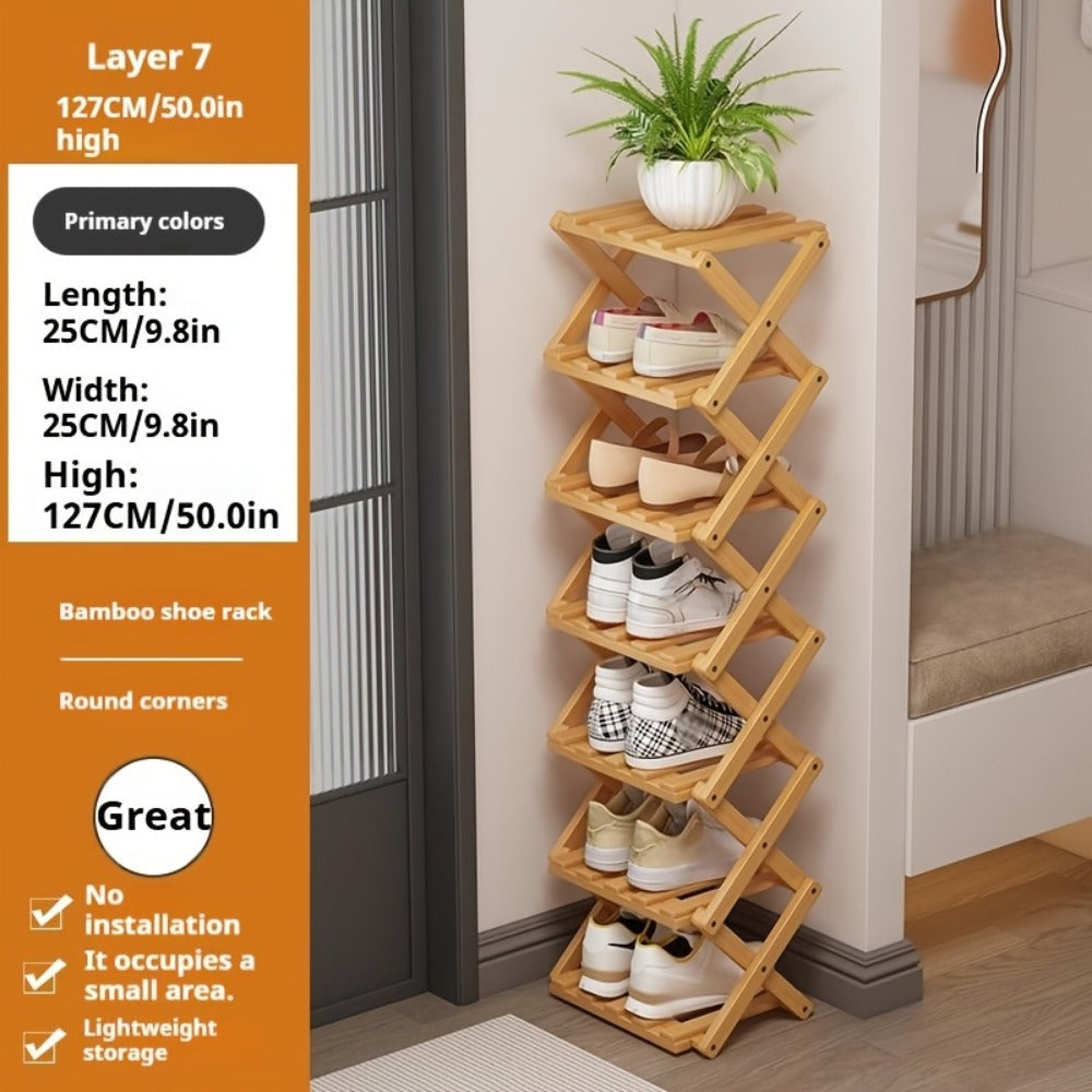 Shoe Rack Foldable Bamboo Organizer with 2, 6 or 7 Tier Options and No-Assembly Setup for Small Spaces