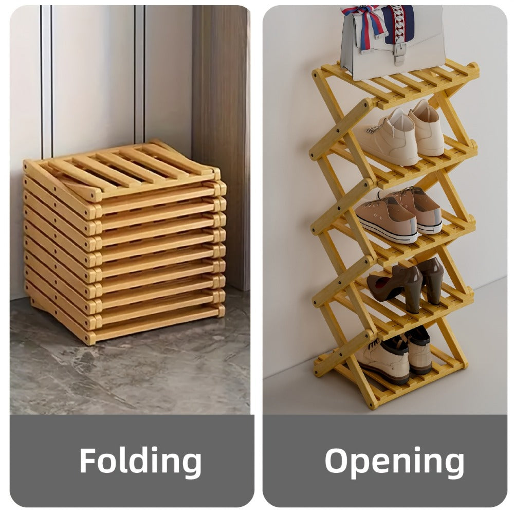 Shoe Rack Foldable Bamboo Organizer with 2, 6 or 7 Tier Options and No-Assembly Setup for Small Spaces