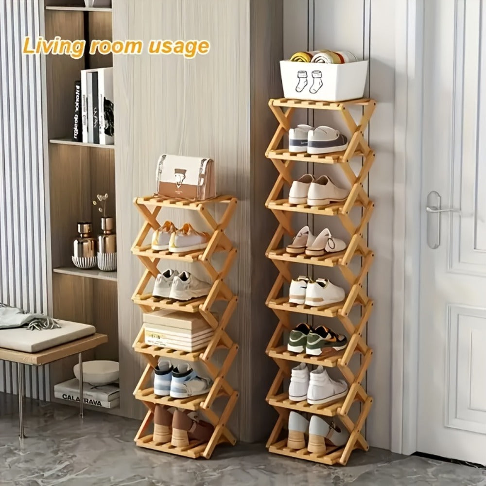 Shoe Rack Foldable Bamboo Organizer with 2, 6 or 7 Tier Options and No-Assembly Setup for Small Spaces