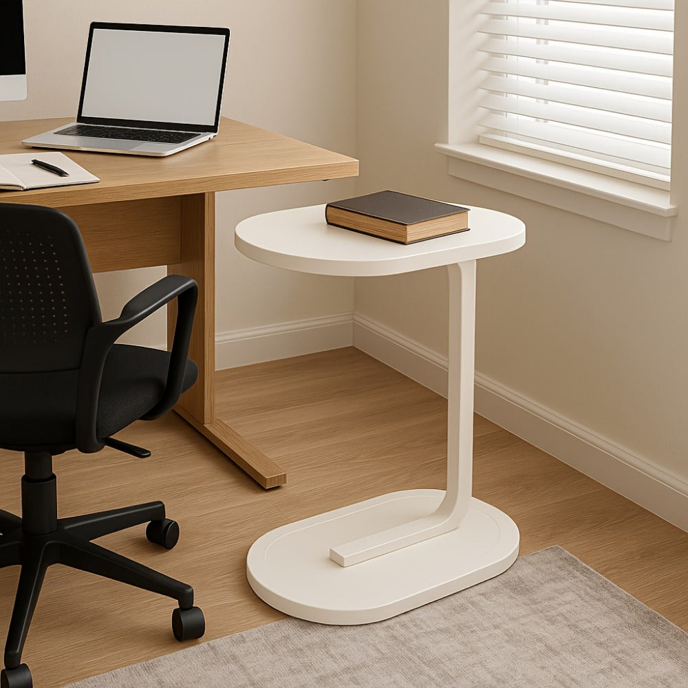 Side Table Narrow C-Shaped Round Wood Top in Wood, Black, Walnut or White Finish Options for Living Room and Bedside Use