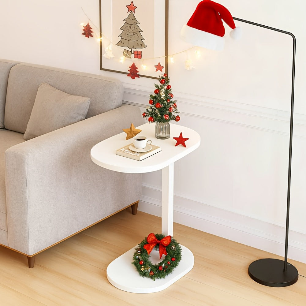 Side Table Narrow C-Shaped Round Wood Top in Wood, Black, Walnut or White Finish Options for Living Room and Bedside Use