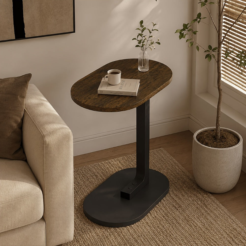 Side Table Narrow C-Shaped Round Wood Top in Wood, Black, Walnut or White Finish Options for Living Room and Bedside Use