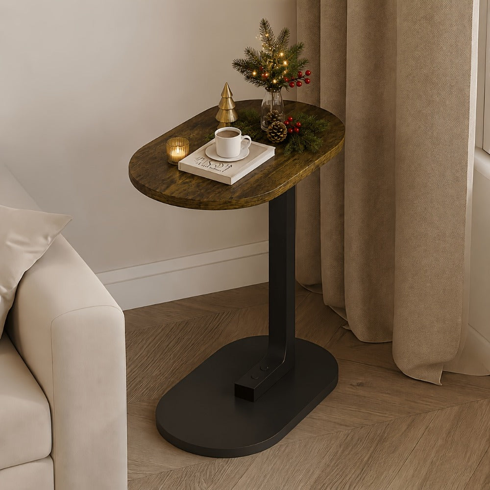 Side Table Narrow C-Shaped Round Wood Top in Wood, Black, Walnut or White Finish Options for Living Room and Bedside Use