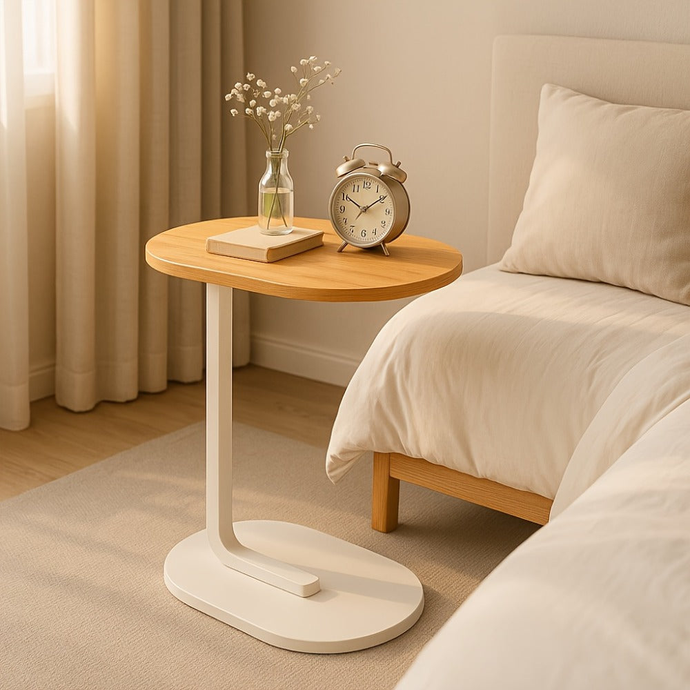 Side Table Narrow C-Shaped Round Wood Top in Wood, Black, Walnut or White Finish Options for Living Room and Bedside Use