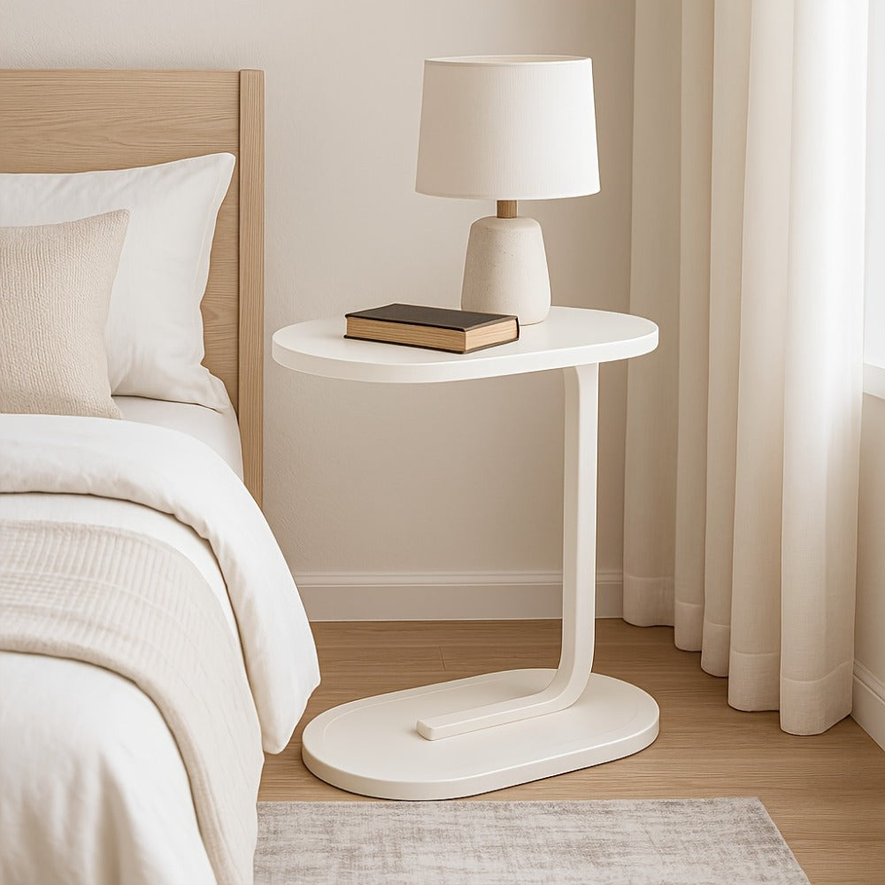 Side Table Narrow C-Shaped Round Wood Top in Wood, Black, Walnut or White Finish Options for Living Room and Bedside Use