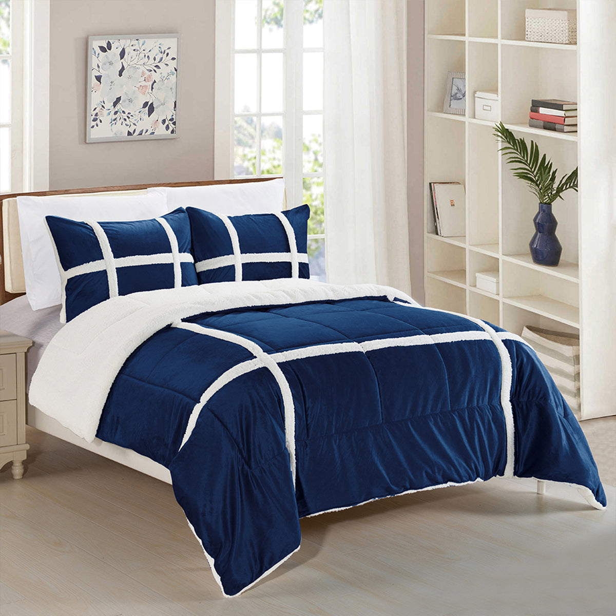 Elegant Comfort 3-Piece Stripe Micro-Suede Reversible Sherpa - Comforter Set