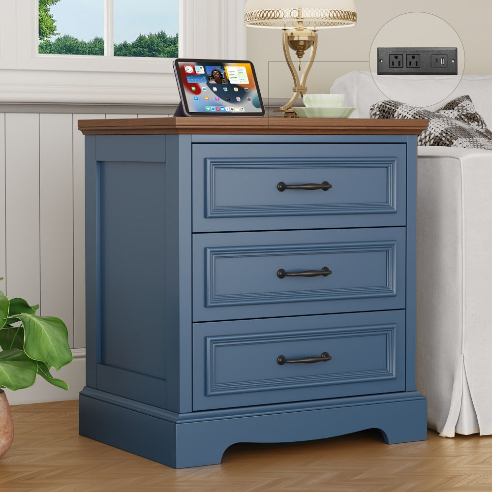 Nightstand Three-Drawer Bedside Storage Chest with Charging Station and Five Finish Options