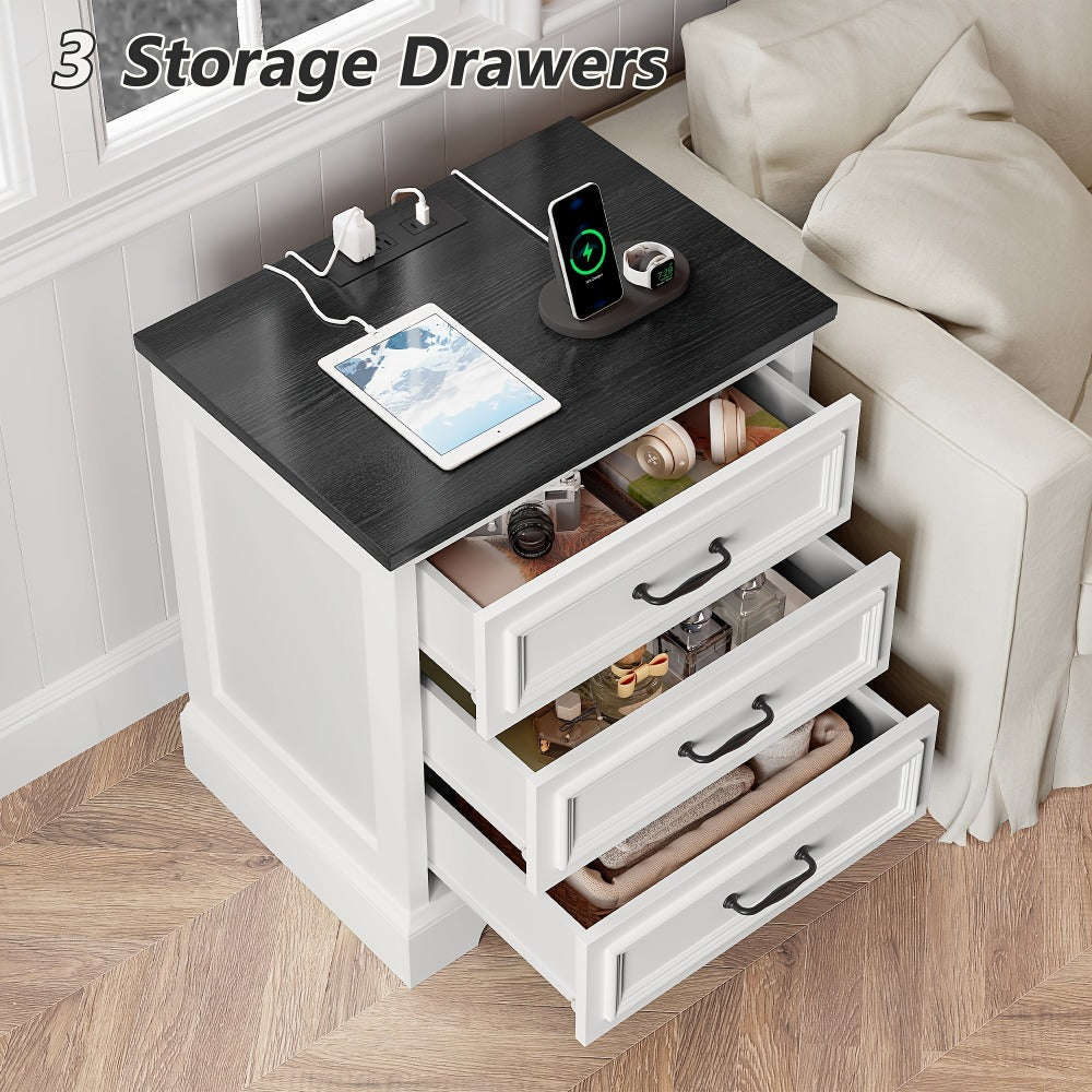 Nightstand Three-Drawer Bedside Storage Chest with Charging Station and Five Finish Options