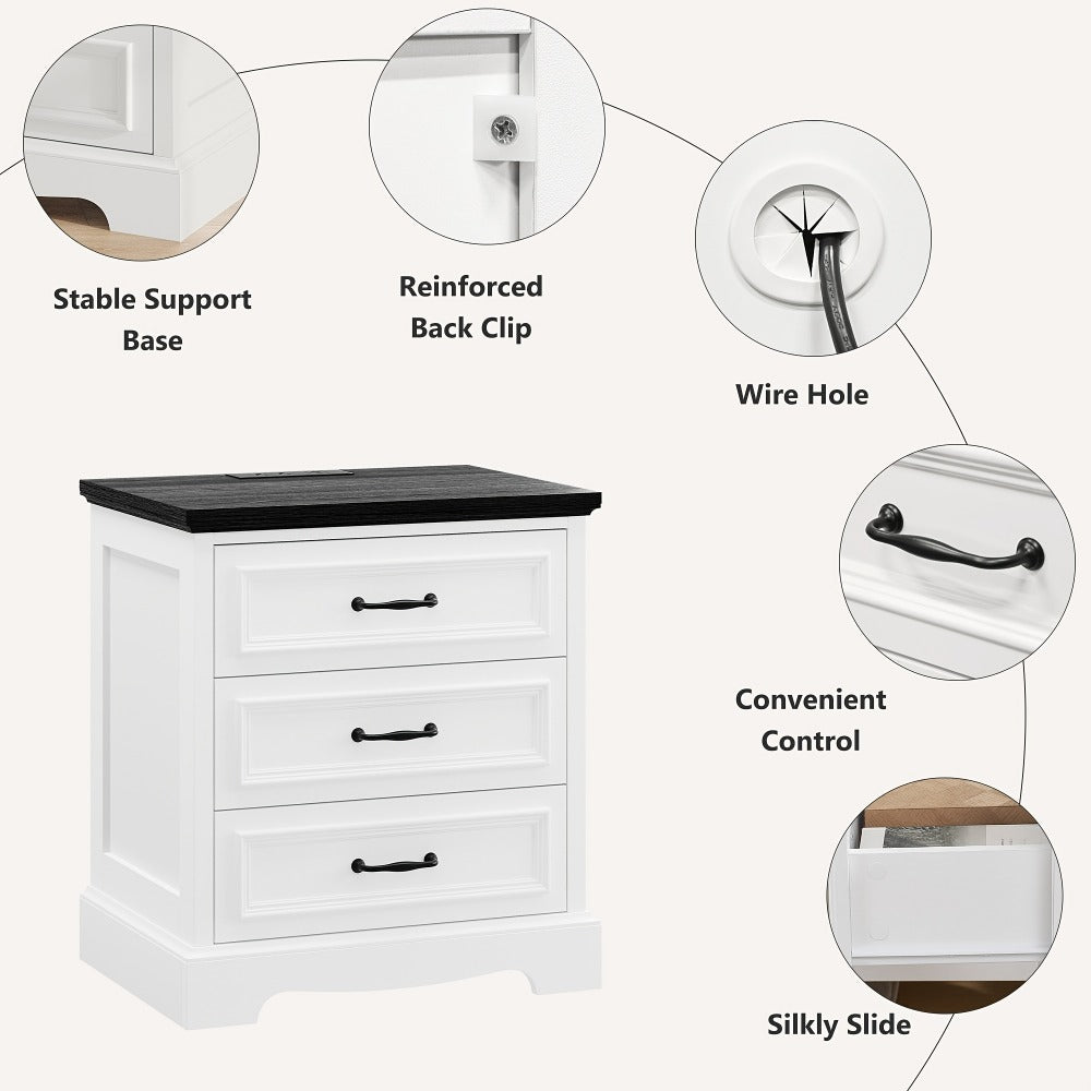 Nightstand Three-Drawer Bedside Storage Chest with Charging Station and Five Finish Options
