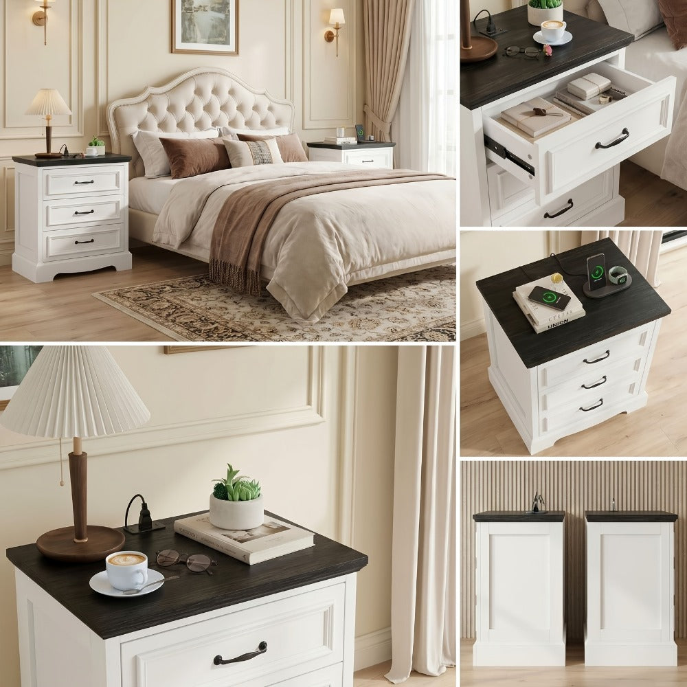 Nightstand Three-Drawer Bedside Storage Chest with Charging Station and Five Finish Options